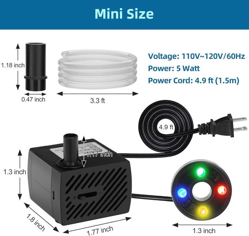 DATOO Mini Submersible Fountain Water Pump With LED Light 95GPH 5W Small Ultra Quiet Water Pump With Tubing For Aquarium Fish Tank Outdoor Pond Water Feature Fountain Statuary - Image 5